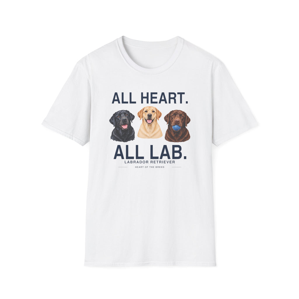 White Gildan 64000 tee with black, yellow and chocolate Labrador portraits and All Heart. All Lab. lettering.