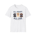 White Gildan 64000 tee with black, yellow and chocolate Labrador portraits and All Heart. All Lab. lettering.