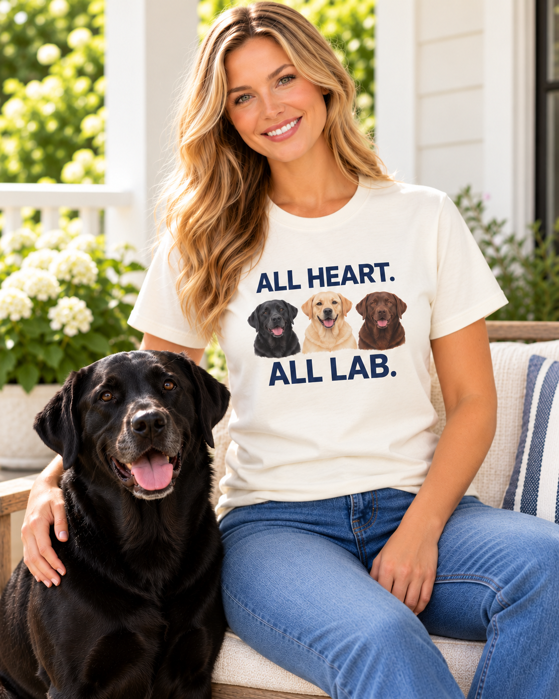 Blonde woman wearing the natural All Heart All Lab T-shirt, seated with her black Labrador