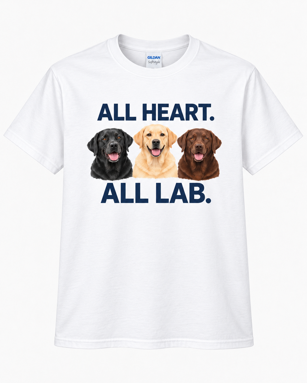 White All Heart All Lab T-shirt front with black, yellow and chocolate Labrador portraits