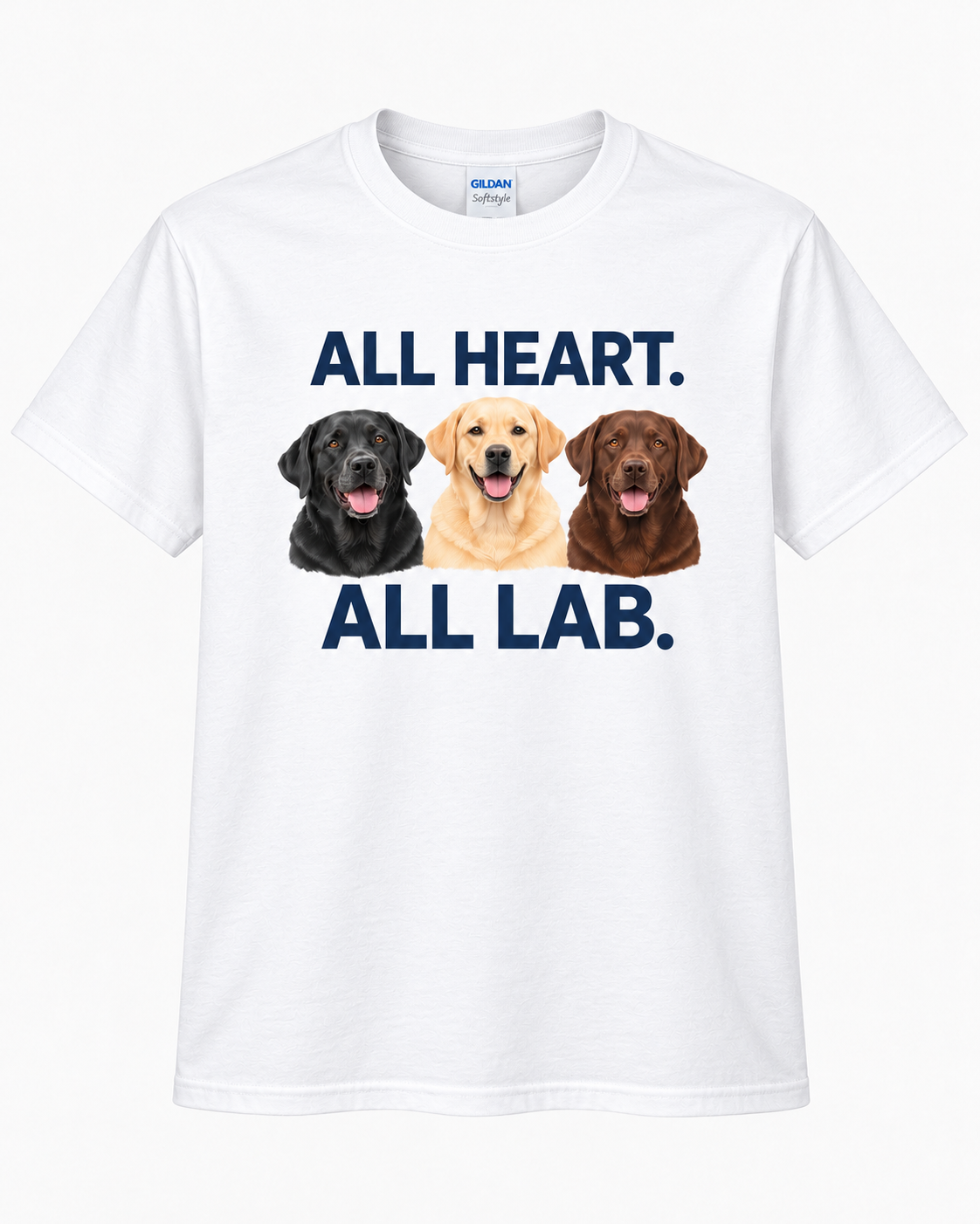 White All Heart All Lab T-shirt front with black, yellow and chocolate Labrador portraits