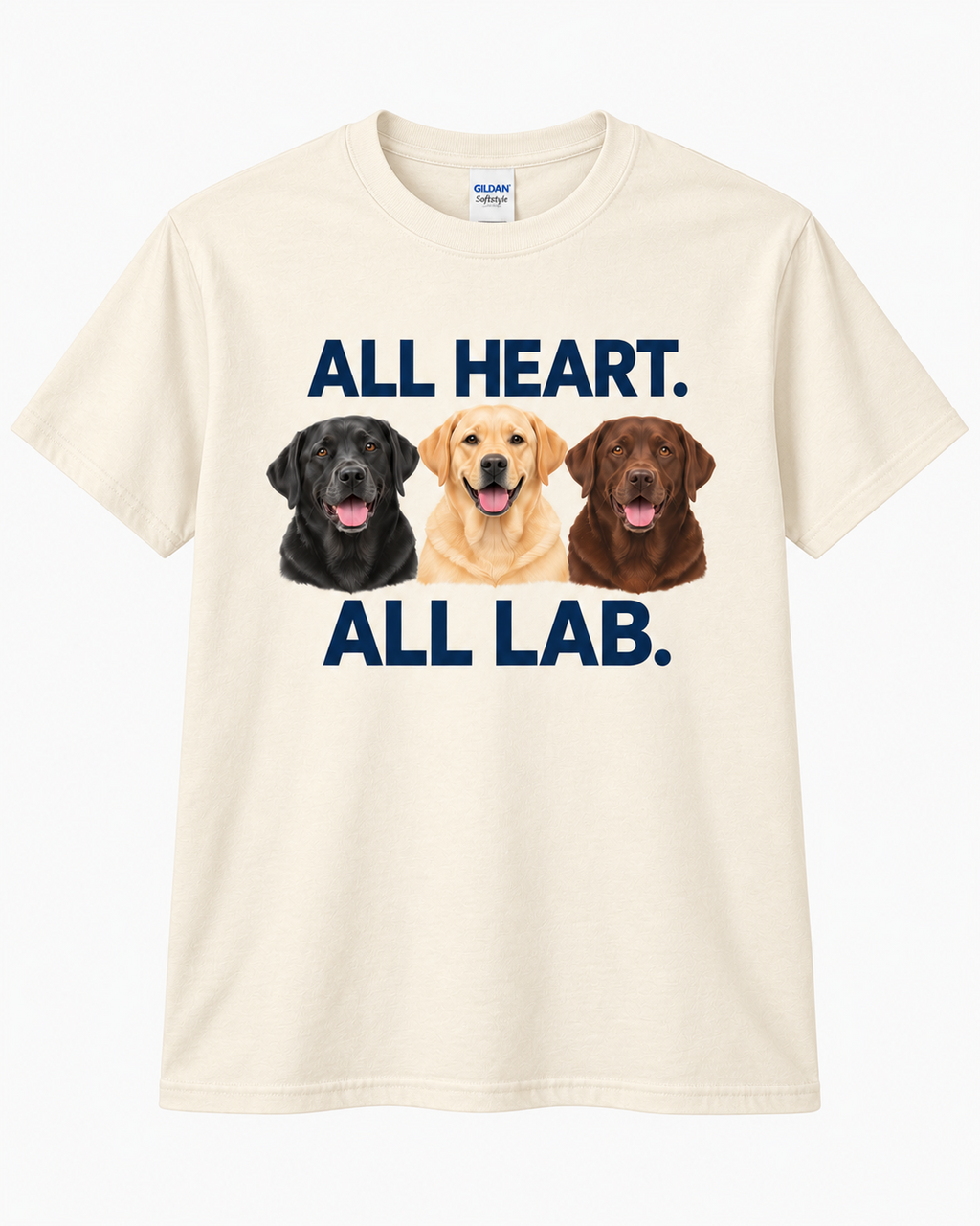 Natural All Heart All Lab T-shirt front with black, yellow and chocolate Labrador portraits