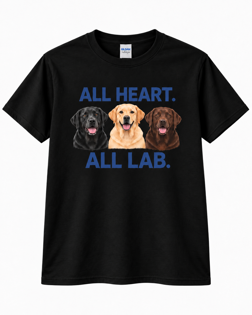 Black All Heart All Lab T-shirt front with black, yellow and chocolate Labrador portraits