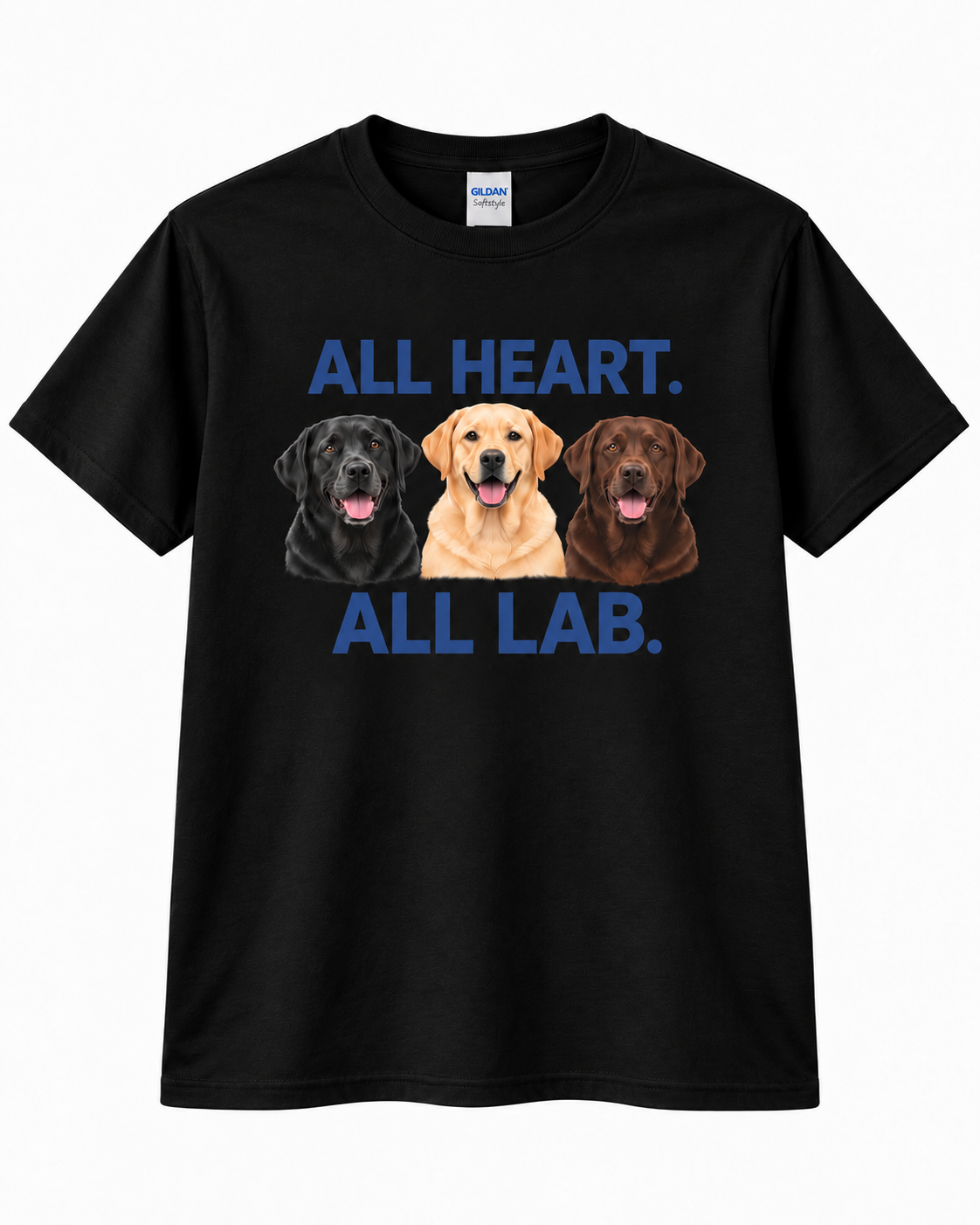 Black All Heart All Lab T-shirt front with black, yellow and chocolate Labrador portraits